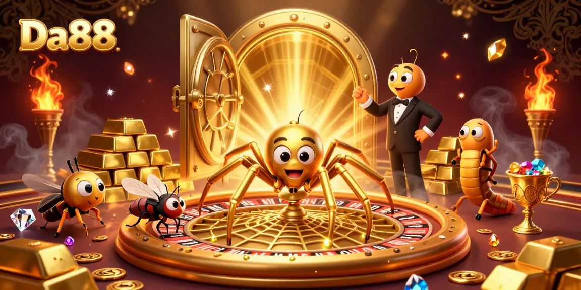 Experience excitement with Da88 as a golden spider spins a roulette wheel web in a vibrant casino scene.