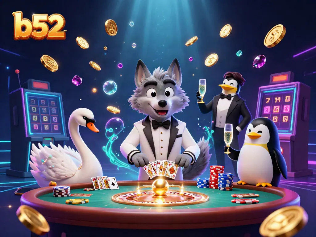 Experience B52's thrilling casino scene with a debonair wolf at a baccarat table, amidst flying coins and dynamic game elements.
