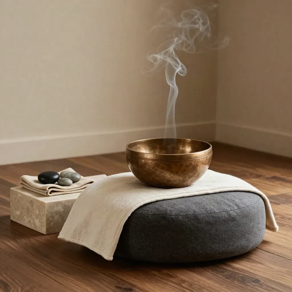 Sakin bir meditasyon köşesinde zafu minder, çan, taşlar ve keten örtü, buğu ve tütsü dumanıyla.