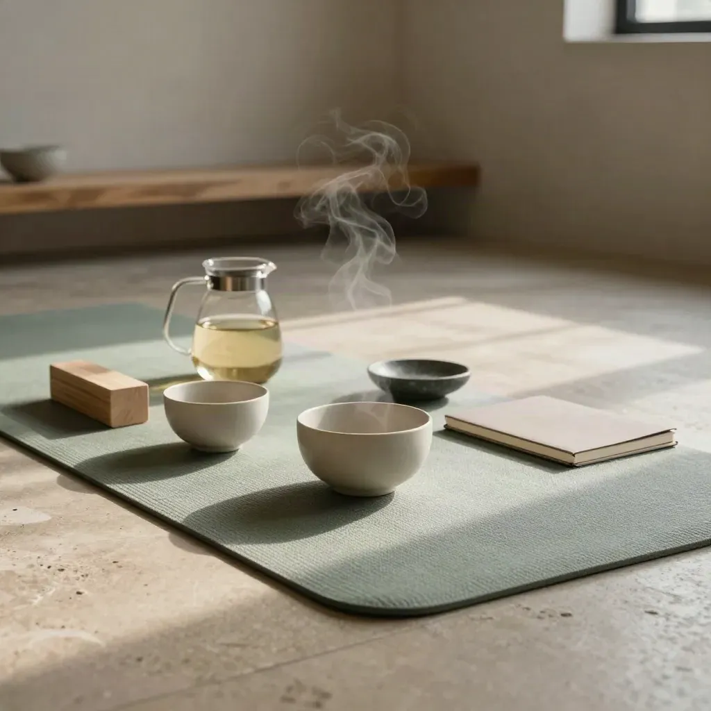 Sisli sabah ışığında keten yoga matı, seramik kaseler, bitki çayı sürahisi ve ahşap bloklar.