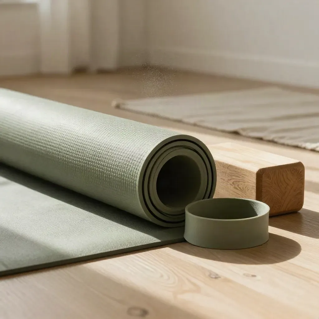Yoga matı, foam roller, direnç bandı ve ahşap blok; seans öncesi hazır