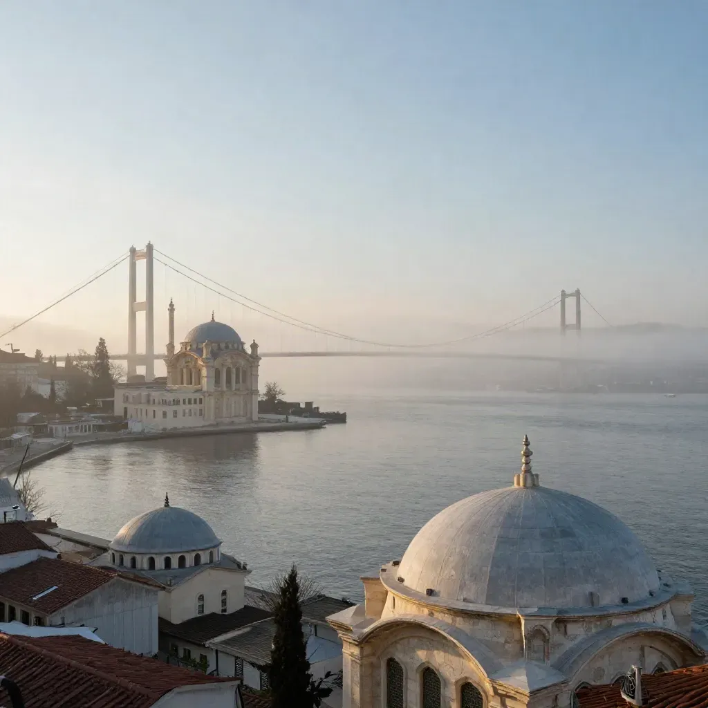 Sisli Marmara boğazı, köprü silueti, kubbeler ve sakin su yüzeyi.