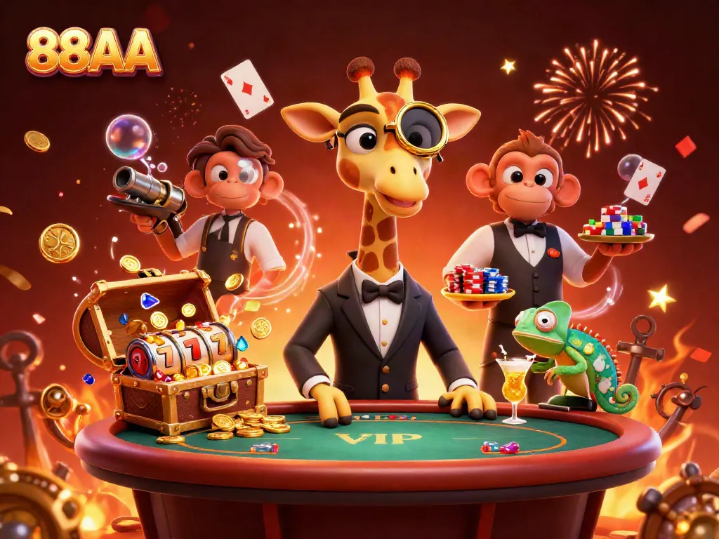 Join the excitement at 88AA with vibrant slot reels and animated playful characters in a high-energy casino scene.