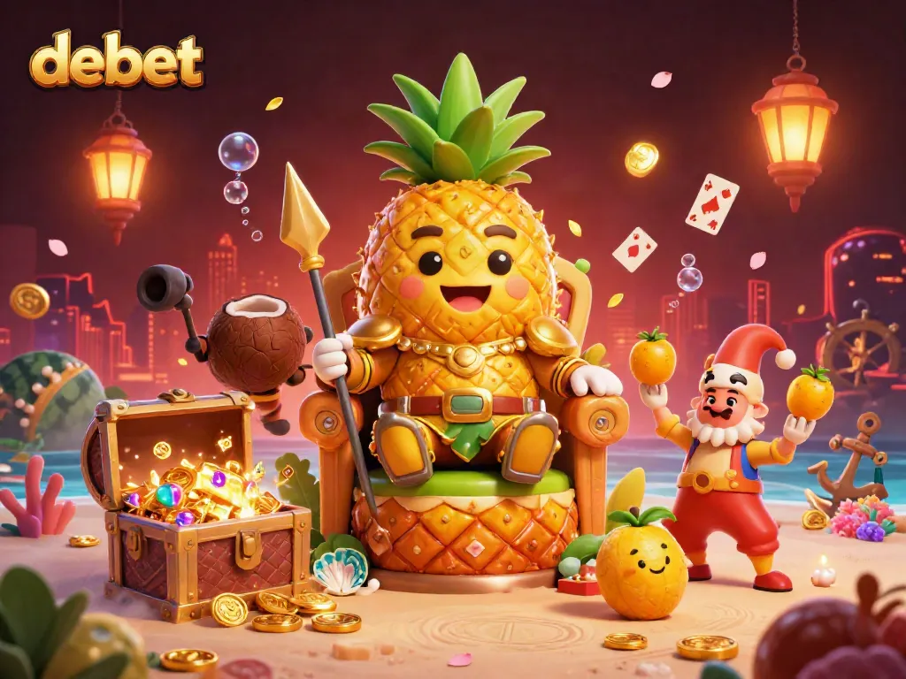Engage with debet's vibrant casino world featuring a pineapple king and lively beach scene.