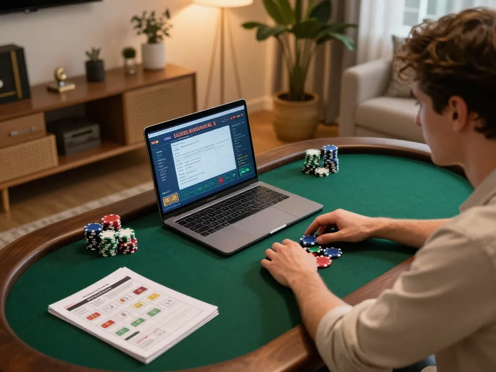 Player strategizing on X88.COM with poker chips and notes in a cozy home environment