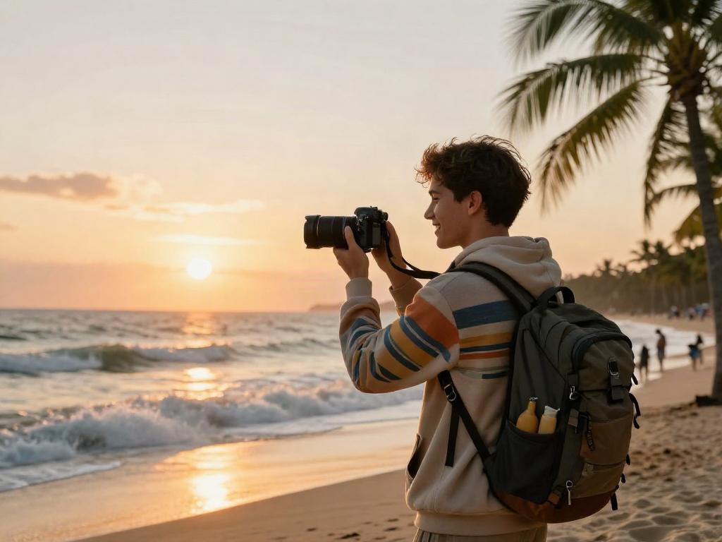 Traveler at sunset beach wearing rokok88 hoodie capturing joyful moments.