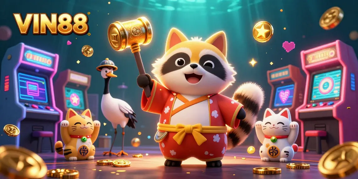 Experience the thrill of VIN88 with a colorful casino scene featuring a cheerful tanuki, arcade games, and fortune cats.