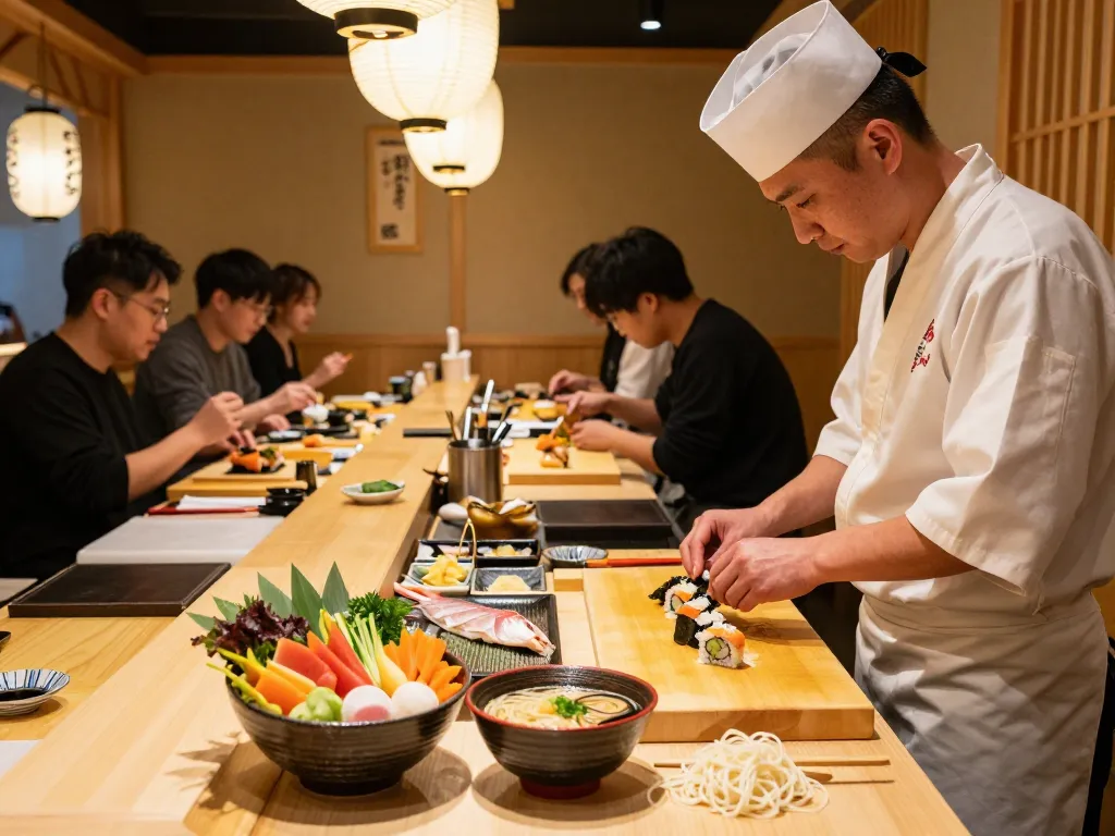Chef skillfully preparing sushi and ramen dishes at RED88 restaurant, showcasing fresh ingredients and vibrant decor.