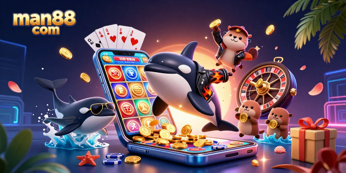 Join the excitement of man88 com with a vibrant orca, stingray, and otters in a thrilling casino scene.