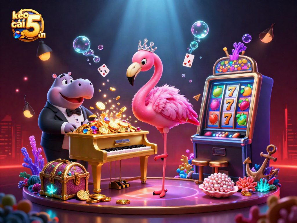 Experience the vibrant scene of kèo nhà cái 5 chuẩn with a 3D flamingo singer and hippo bassist amidst dynamic casino elements.