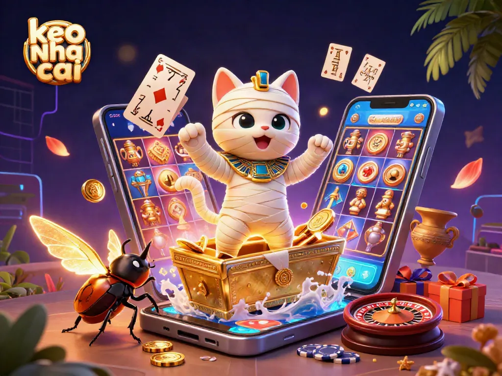 Bet on the latest keo nha cai with a dynamic scene featuring animated casino elements and vibrant characters.