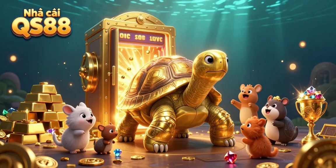 Play thrilling games at Nhà cái QS88 with a golden tortoise and vibrant treasure scene.