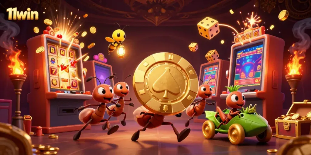 Experience the thrill with 11win as animated ants escape with a giant poker chip in a vibrant casino scene.
