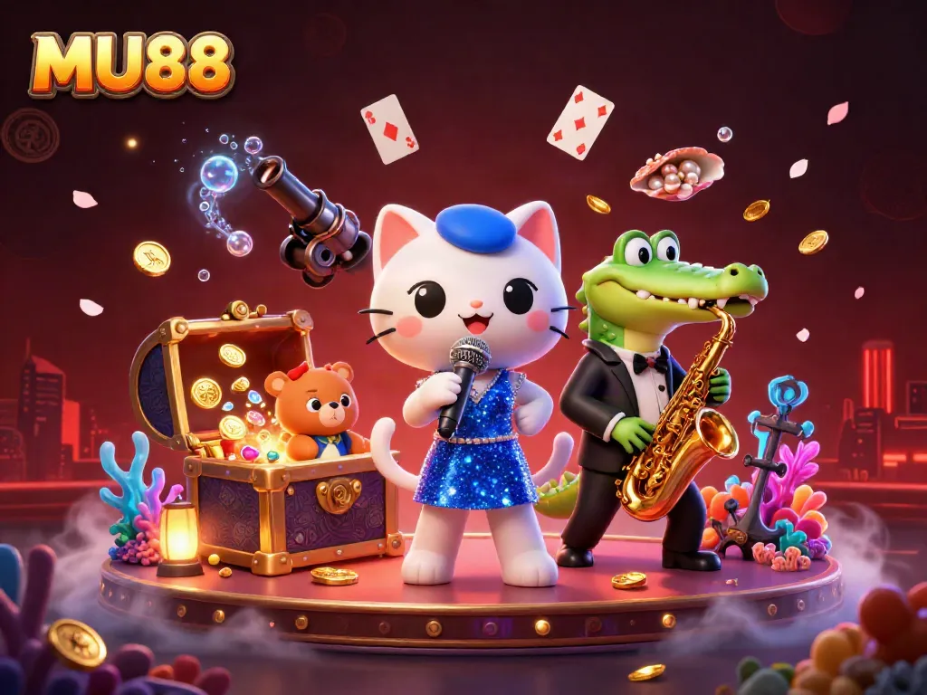 Experience exhilarating gameplay at MU88 with vibrant 3D characters performing on a dazzling casino stage.