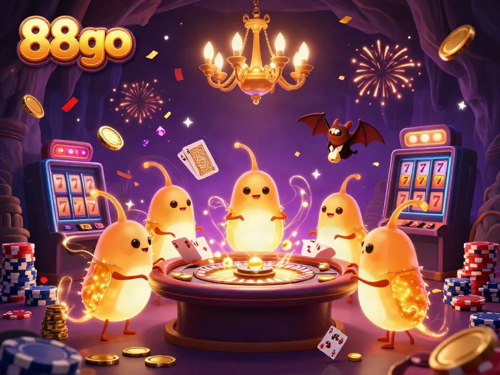 88go glowworms illuminate a vibrant cave casino filled with coins and a bat dealer.