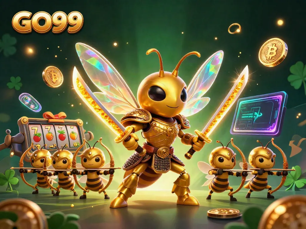 Experience the excitement of GO99 with a dynamic 3D casino scene featuring vibrant slot elements and characters.