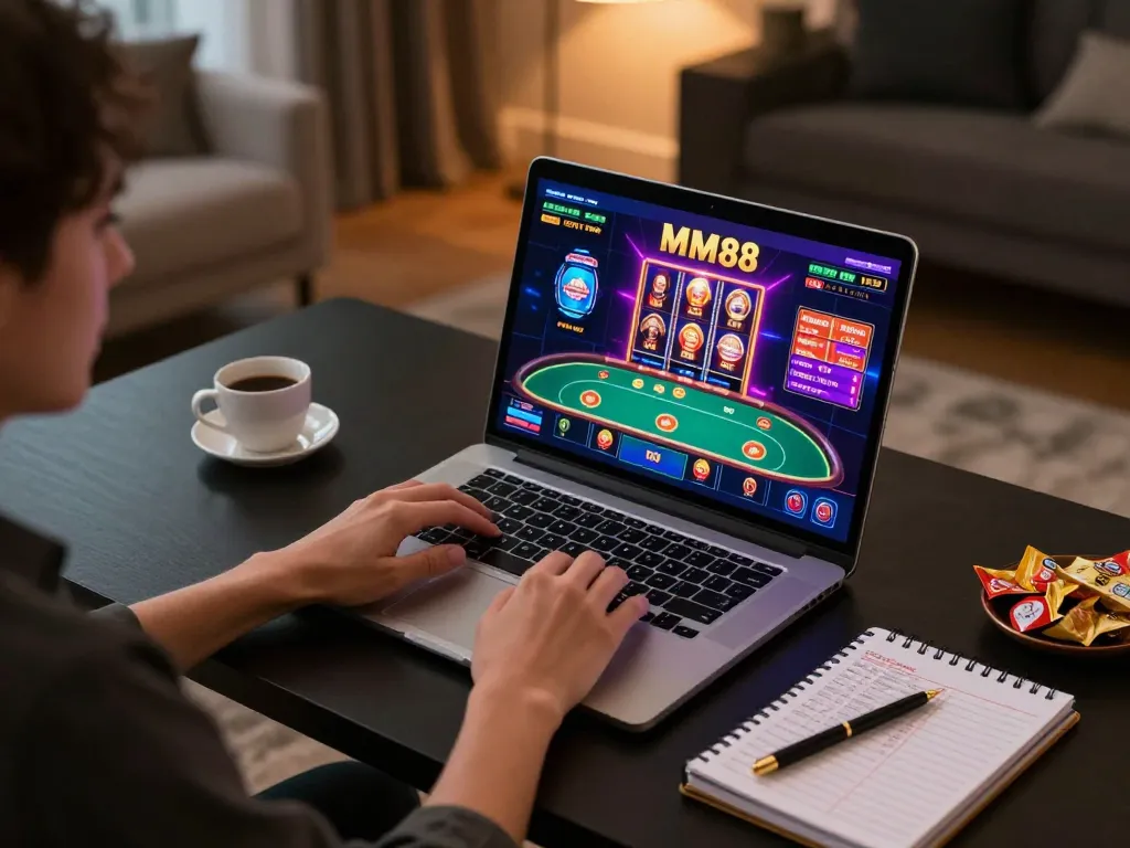 Engaging person playing MM88 online casino games on laptop with vibrant graphics