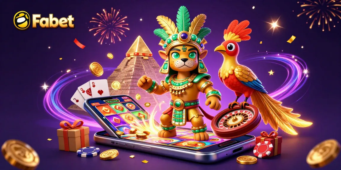 Experience exciting gaming with Fabet's Mayan priest and quetzal bird amid vibrant casino elements.