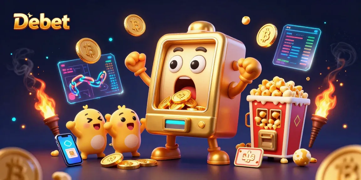 Debet players hit jackpots with golden slot machines and crypto coins in a vibrant casino setting.