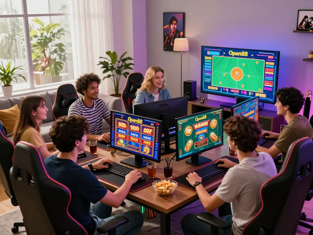 Friends enjoying an exciting gaming session featuring OPEN88 casino games in a vibrant living room setting.