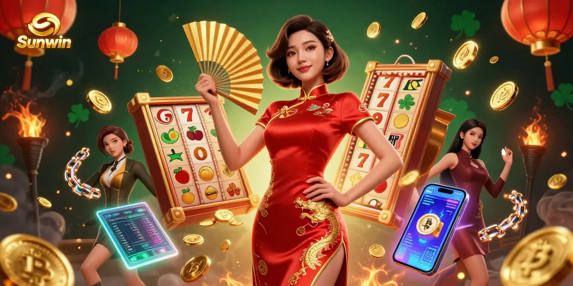 Win big with Sunwin's vibrant casino atmosphere featuring slot reels and cascading gold coins.