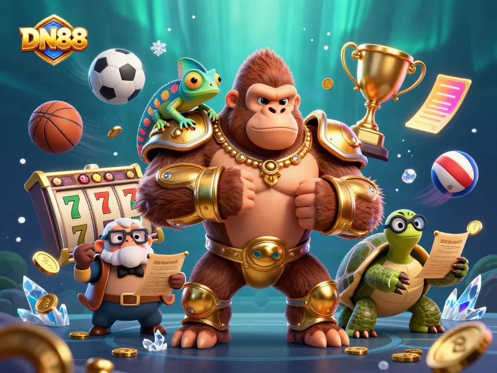 Engage in thrilling gaming with DN88 featuring a powerful gorilla king and colorful gambling elements.