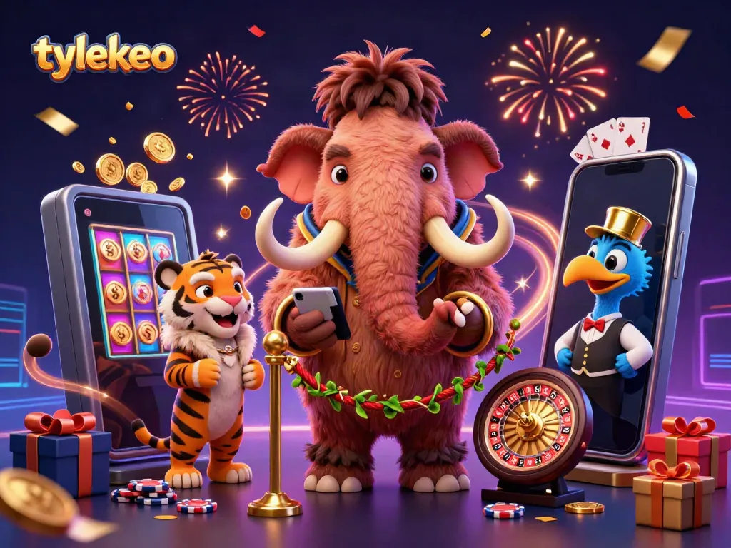 Experience the vibrant world of tylekeo, where a woolly mammoth bouncer checks IDs at a dynamic casino scene with slot games and a saber-tooth VIP.