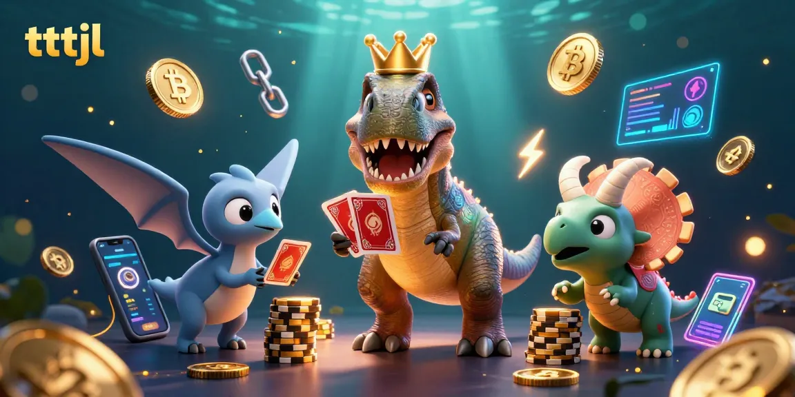 Experience gaming excitement with tttjl in this colorful 3D cartoon scene featuring card games and crypto elements.