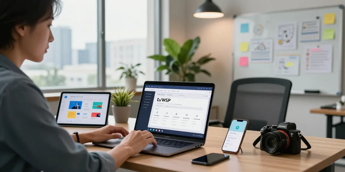 Professional downloading WPS Office software on a laptop in a modern workspace, with productivity tools around.