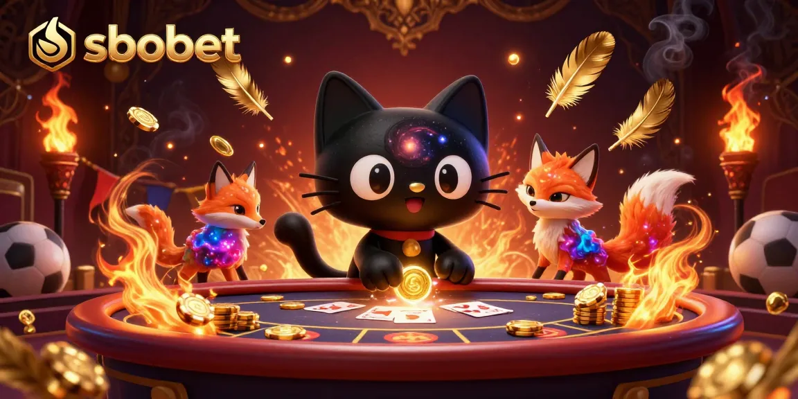 Sbobet sports betting scene with a black hole cat and nebula fox, dynamic action and colorful effects