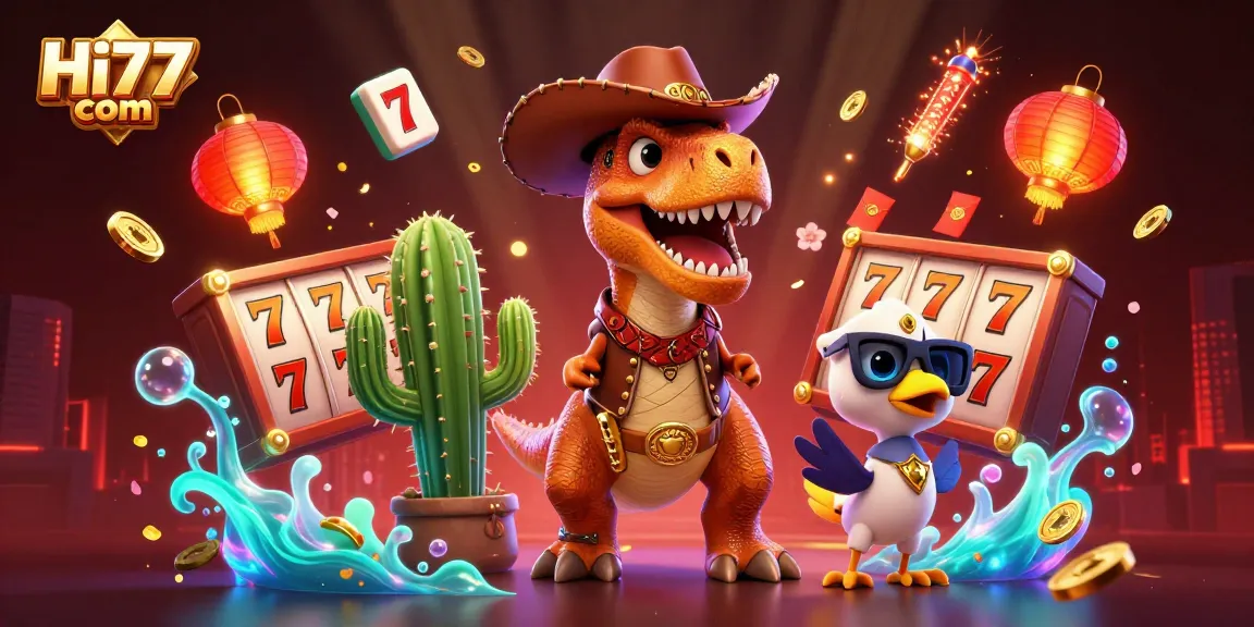 Spin winning reels at Hi77 com with colorful characters and gambling elements in a dynamic scene.