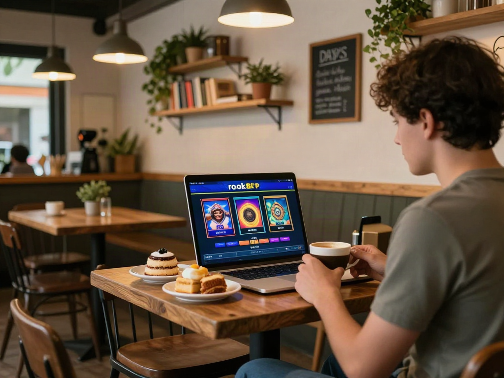 Relaxed café scene showcasing rokok88 rtp gaming on a laptop while enjoying coffee.