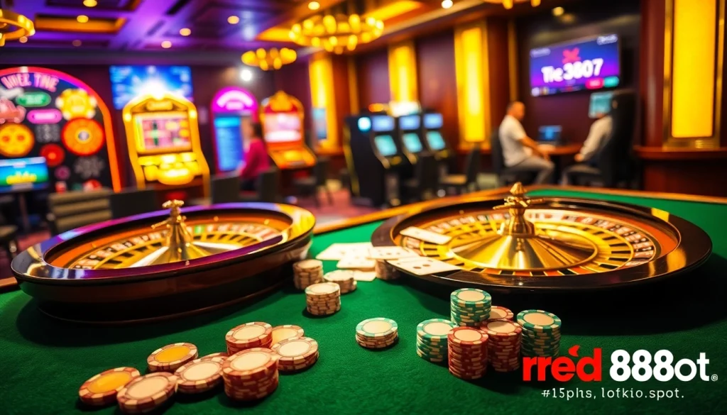 Experience thrilling gambling at https://red88.spot/, showcasing excitement with roulette and poker chips.