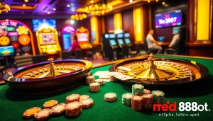 Experience thrilling gambling at https://red88.spot/, showcasing excitement with roulette and poker chips.