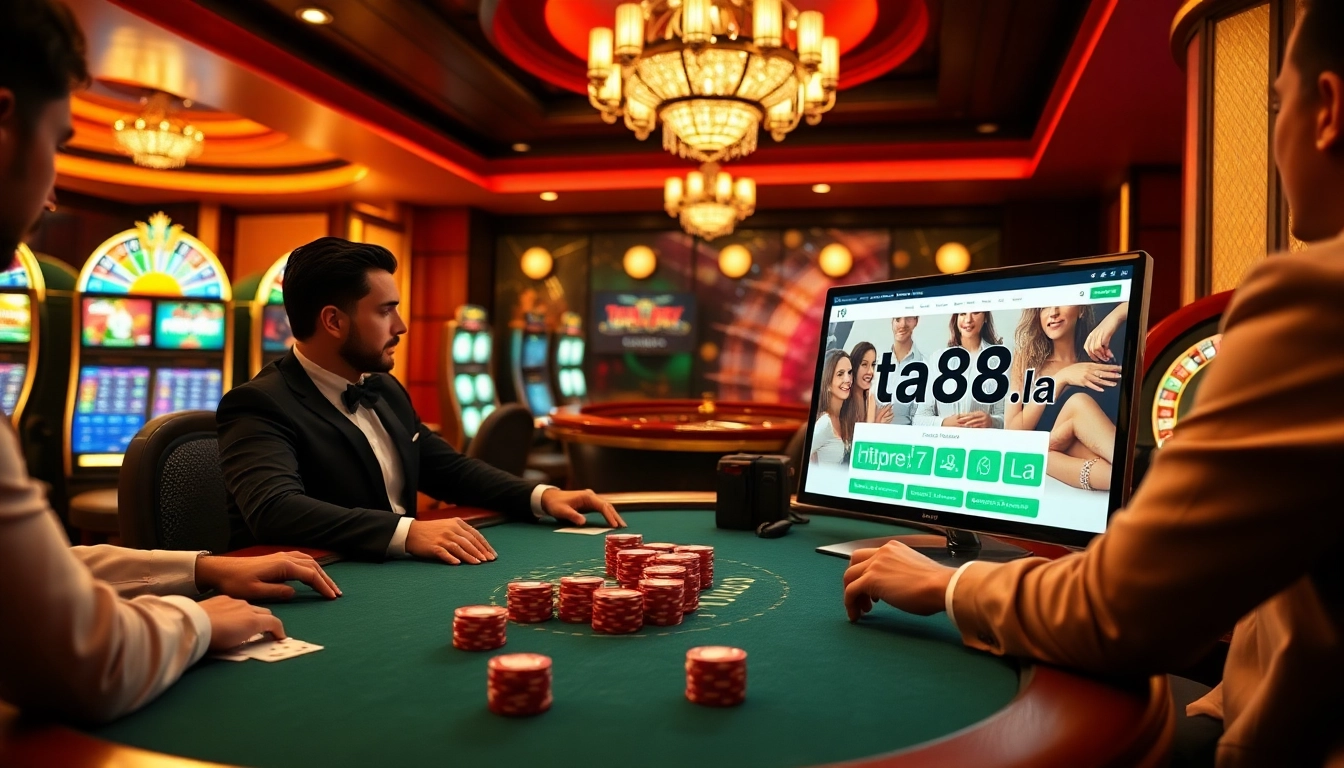 Players competing at a poker table in a stylish casino setting at https://ta88.la/ with vibrant machines and excitement.