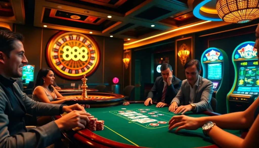 Players engaging in high-stakes poker at 888 NEW casino, surrounded by colorful chips and vibrant slot machines.