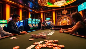 Experience the excitement of Lu88k.com in a luxurious casino setting with poker chips and vibrant slot machines.