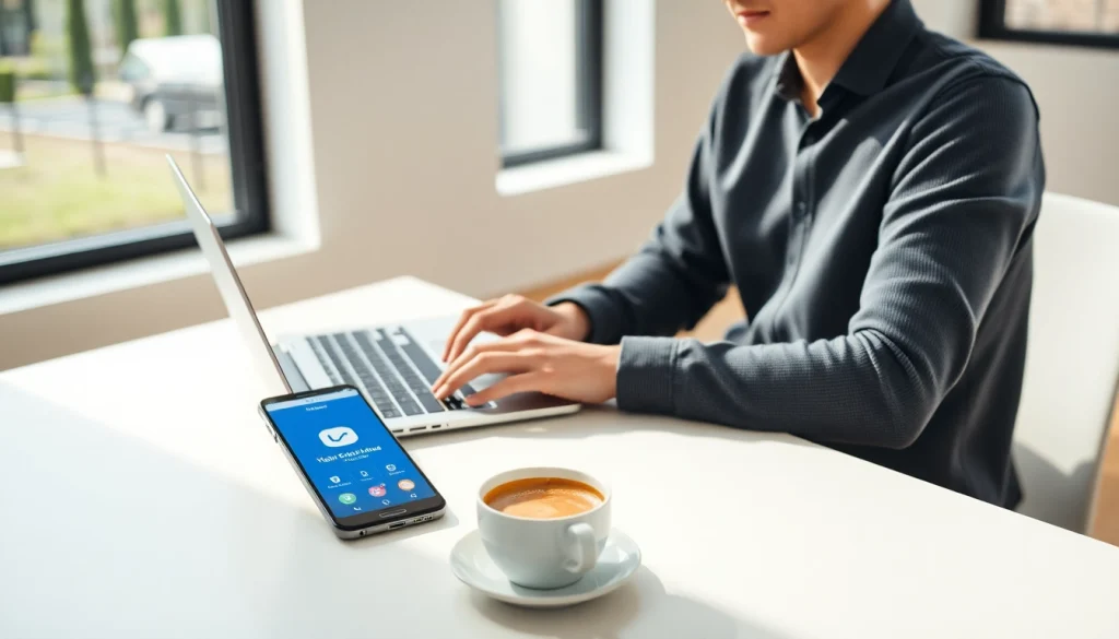 快连下载 process on a modern laptop with a smartphone displaying the app interface.