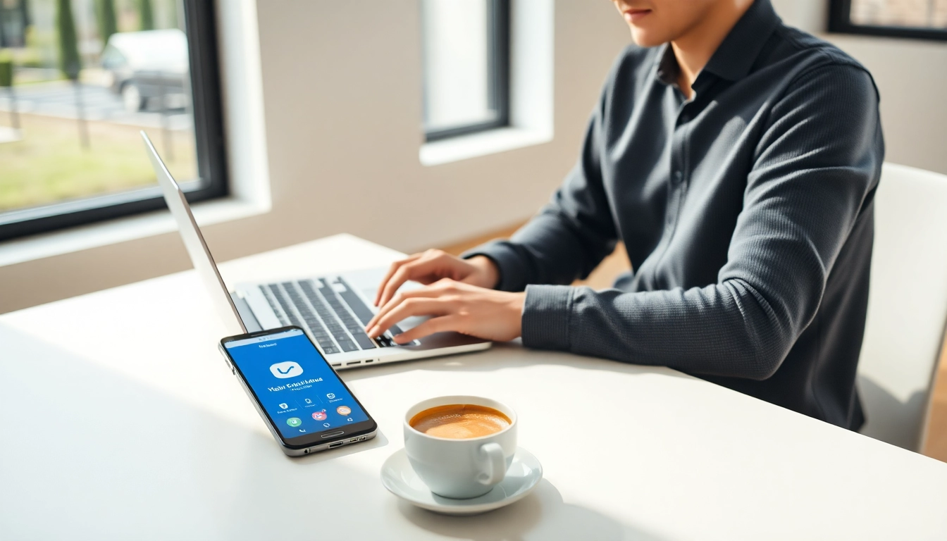 快连下载 process on a modern laptop with a smartphone displaying the app interface.