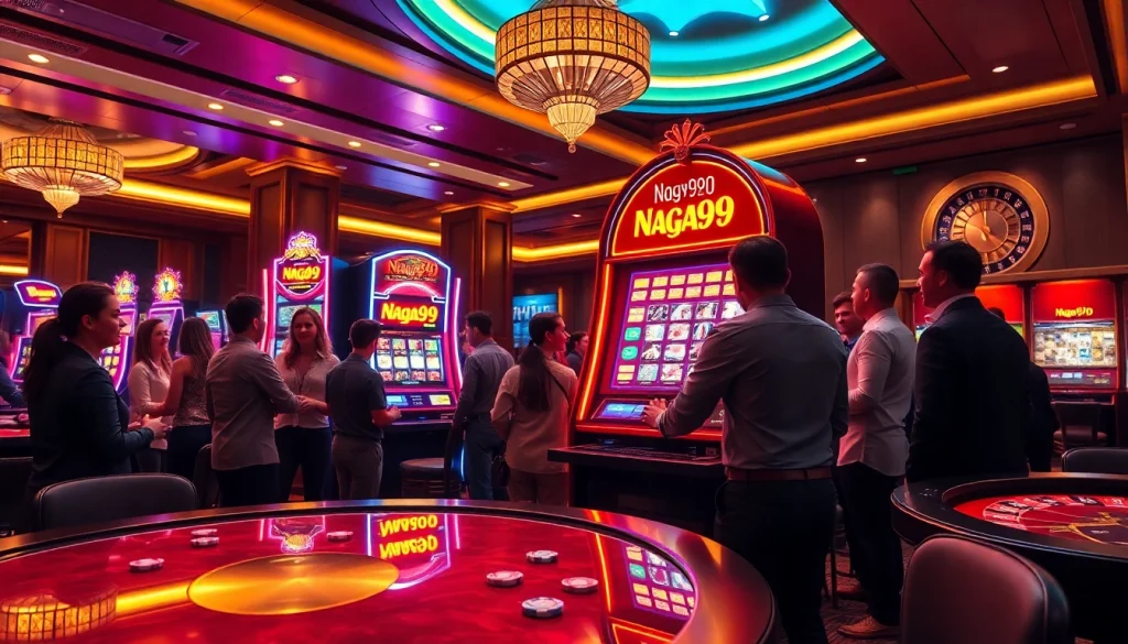 Players celebrating big wins at the Naga99 slot machine in a luxurious casino setting.