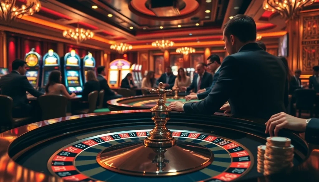 Experience the excitement of mmoo com with vibrant casino gameplay at a roulette table surrounded by players.