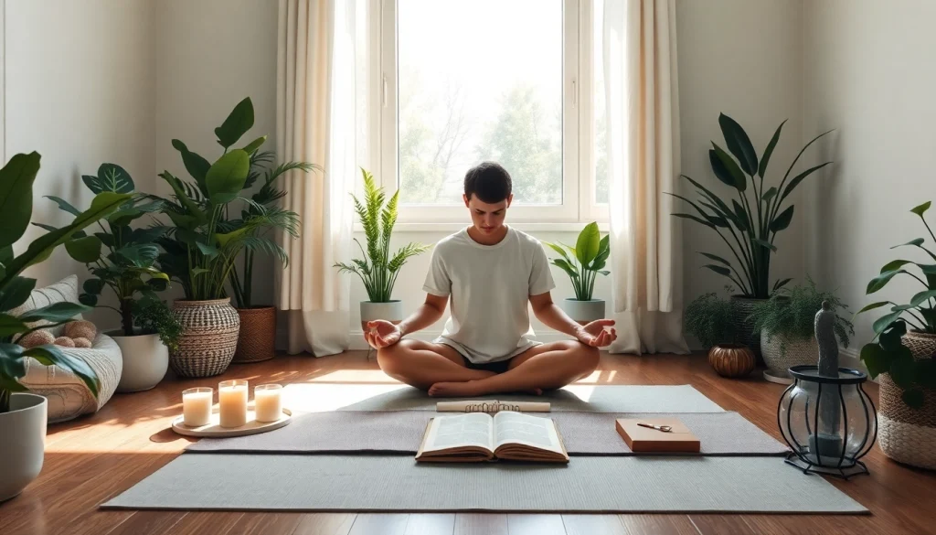 Relieving stress and anxiety through mindfulness practice in a serene setting.