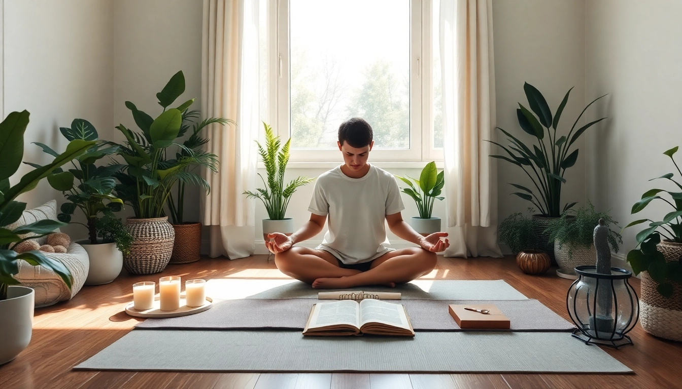 Relieving stress and anxiety through mindfulness practice in a serene setting.