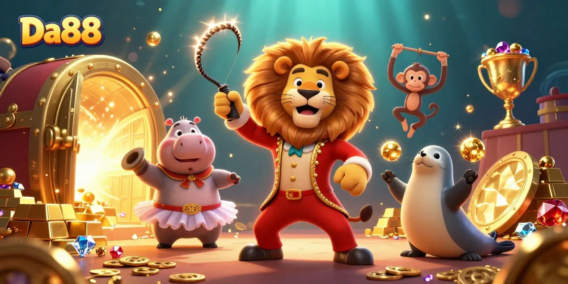 Experience the excitement of Da88 casino with vibrant characters, gold treasures, and festive atmosphere.