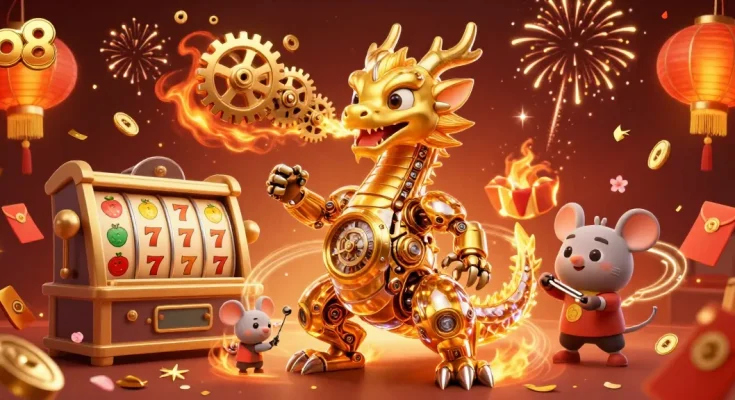Immerse in thrilling o8 slots with a golden dragon unleashing gears amidst festive celebrations.