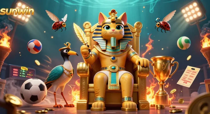 Engage with sunwin through this vibrant illustration featuring a pharaoh cat and sports betting elements.