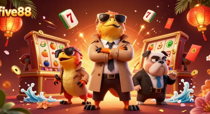 Experience the excitement of five88 as animated raptors amusingly try to enter a VIP casino.