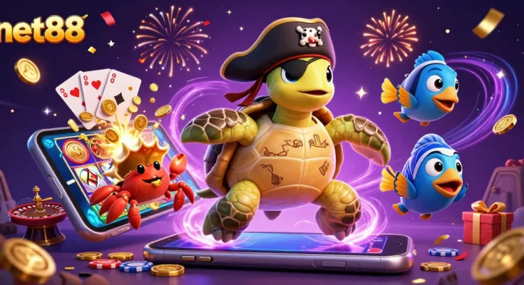 Join the 3D pirate turtle, hermit crab, and parrotfish at net88 for thrilling slot games!