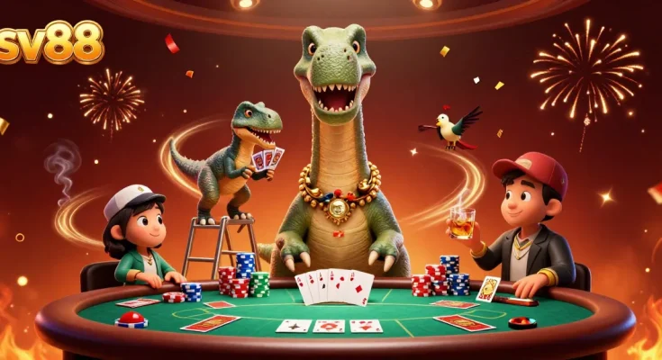 sv88 showcases a brontosaurus in a vibrant casino, while a clever raptor deals cards.
