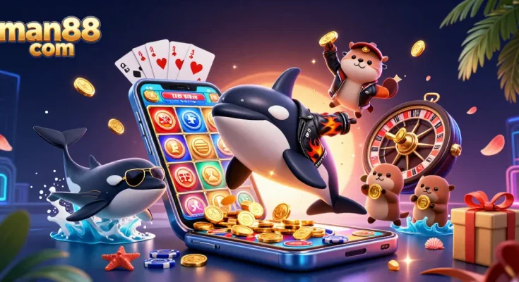 Join the excitement of man88 com with a vibrant orca, stingray, and otters in a thrilling casino scene.